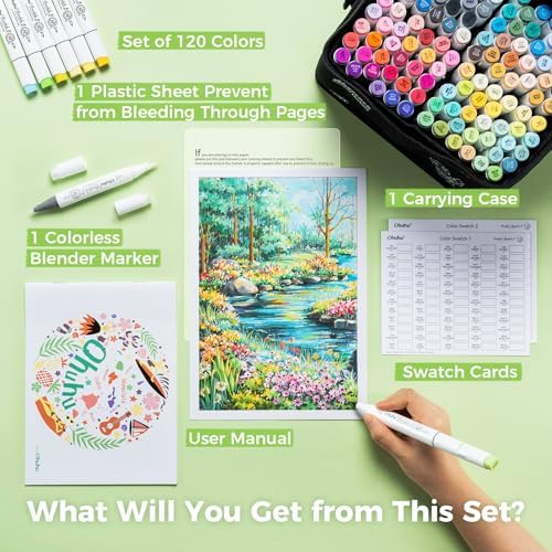 Ohuhu Alcohol Markers Brush Tip   120 color AP Certificated Double Tipped Art Marker Set for Artist Adults Cozy Coloring Drawing Illustration   Brush and Fine Dual Tips   Honolulu B   Refillable
