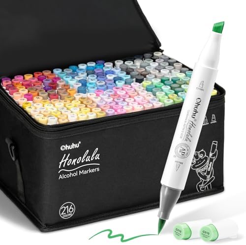 Ohuhu Brush Markers   216 color Double Tipped Alcohol based Art Marker Set for Artist Adults Coloring Illustration  Brush & Chisel Dual Tips   Honolulu Series of Ohuhu Markers   Refillable Ink