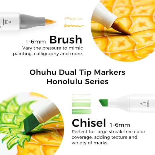 Ohuhu Brush Markers   216 color Double Tipped Alcohol based Art Marker Set for Artist Adults Coloring Illustration  Brush & Chisel Dual Tips   Honolulu Series of Ohuhu Markers   Refillable Ink