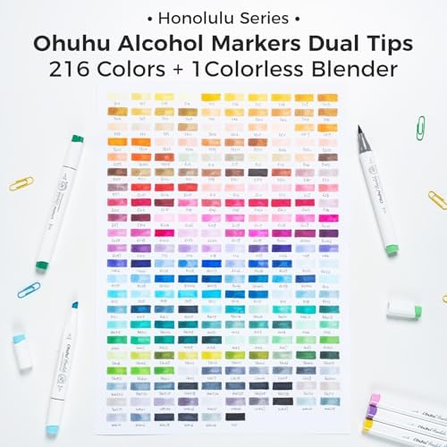 Ohuhu Brush Markers   216 color Double Tipped Alcohol based Art Marker Set for Artist Adults Coloring Illustration  Brush & Chisel Dual Tips   Honolulu Series of Ohuhu Markers   Refillable Ink