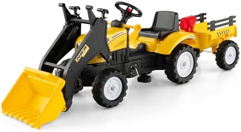 Olakids Kids Ride on Excavator  Pedal Digger Car Bulldozer with Manual Control Bucket  Detachable Cargo Trailer  Shovel  Rake  6 Wheels  Horn  Construction Tractor for Toddlers 3