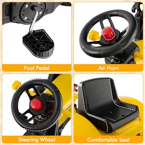 Olakids Kids Ride on Excavator  Pedal Digger Car Bulldozer with Manual Control Bucket  Detachable Cargo Trailer  Shovel  Rake  6 Wheels  Horn  Construction Tractor for Toddlers 3