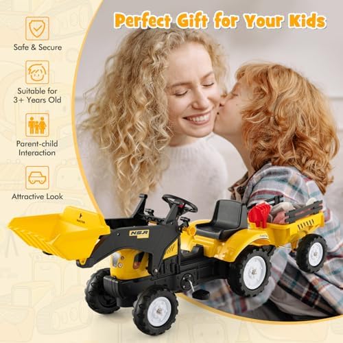 Olakids Kids Ride on Excavator  Pedal Digger Car Bulldozer with Manual Control Bucket  Detachable Cargo Trailer  Shovel  Rake  6 Wheels  Horn  Construction Tractor for Toddlers 3