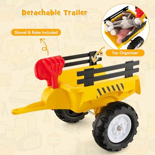 Olakids Kids Ride on Excavator  Pedal Digger Car Bulldozer with Manual Control Bucket  Detachable Cargo Trailer  Shovel  Rake  6 Wheels  Horn  Construction Tractor for Toddlers 3