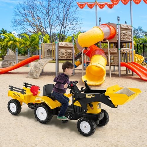 Olakids Kids Ride on Excavator  Pedal Digger Car Bulldozer with Manual Control Bucket  Detachable Cargo Trailer  Shovel  Rake  6 Wheels  Horn  Construction Tractor for Toddlers 3