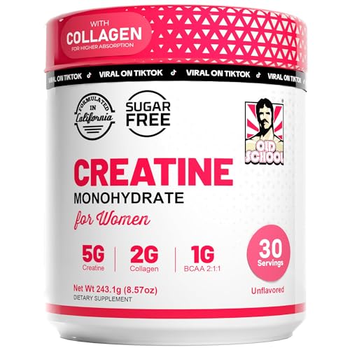 Old School Labs 5000mg Creatine Monohydrate Powder  Optimized Creatine for Women  2000mg Collagen  1g BCAA 2 1 1 Supports Lean Muscles & Recovery  Energy & Stamina   Made in USA  30 Servings