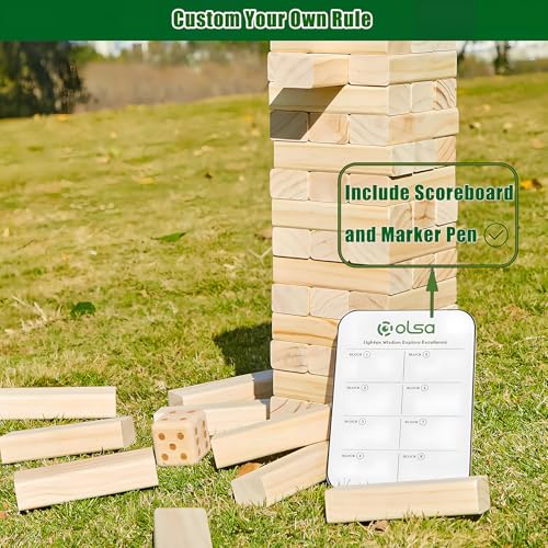 Olsa Jumbo Tumble Tower Outdoor Games 60pcs Large Blocks Stacking Lawn Yard Game for Kids Adults Family Stack to Over 5FT Giant Family Party Games for Holiday