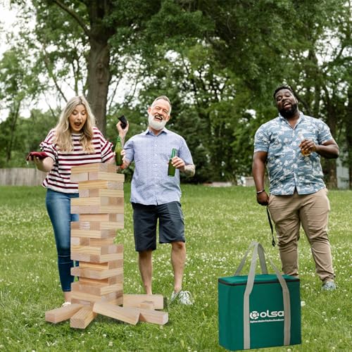 Olsa Jumbo Tumble Tower Outdoor Games 60pcs Large Blocks Stacking Lawn Yard Game for Kids Adults Family Stack to Over 5FT Giant Family Party Games for Holiday
