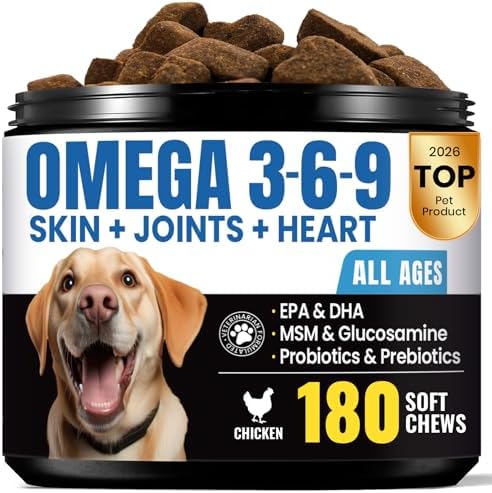 Omega 3 for Dogs   Salmon Oil for Dogs Skin & Coat Health  Fish Oil Supplement for Dog Shedding  Itch & Hot Spot Relief  Allergy Chews with EPA & DHA Fatty Acids for Skin & Joint Support   180 Ct