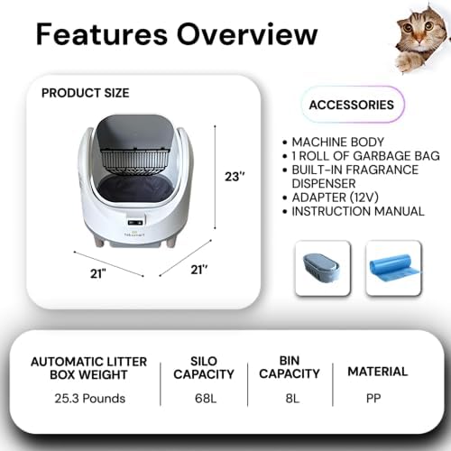 Open Top Automatic Litter Box  New White Design with App Control & Fragrance Dispenser for a Fresh Home   68L Self Cleaning Cat Litter Box for Multiple Cats