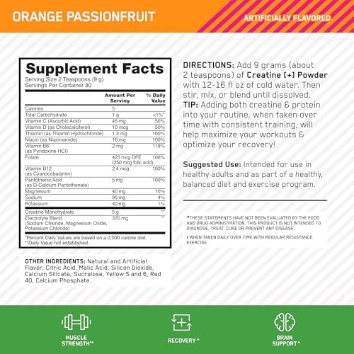 Optimum Nutrition Creatine Monohydrate Plus Powder  Orange Passionfruit Flavored Creatine Performance Blend With Electrolytes for Hydration  Added Vitamins  80 Servings  720 Grams  Packaging May Vary
