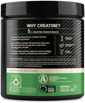 Optimum Nutrition Creatine  Micronized Creatine Monohydrate Powder  Supports Strength & Recovery  Banned Substance Tested  Unflavored  5g per Serving  60 Servings