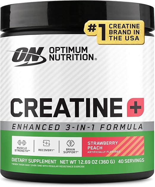 Optimum Nutrition Creatine Monohydrate Plus Powder, Sabor Strawberry Peach, 40 Porciones, 360 Gramos