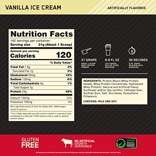 Optimum Nutrition Gold Standard 100  Whey Protein Powder  Vanilla Ice Cream  10 Pound  Packaging May Vary