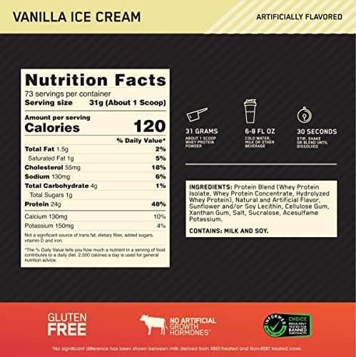 Optimum Nutrition Gold Standard 100  Whey Protein Powder  Vanilla Ice Cream  5 Pound  Packaging May Vary