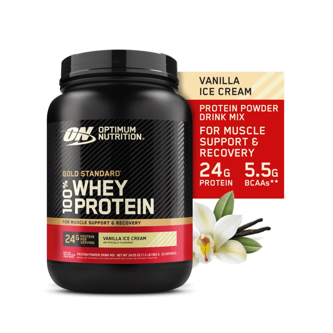 Optimum Nutrition Gold Standard 100  Whey Protein Powder  Vanilla Ice Cream  1 5 lb Tub  22 Servings