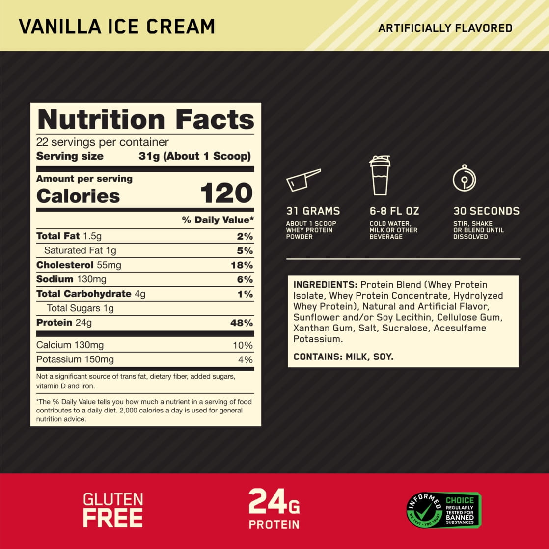 Optimum Nutrition Gold Standard 100  Whey Protein Powder  Vanilla Ice Cream  1 5 lb Tub  22 Servings