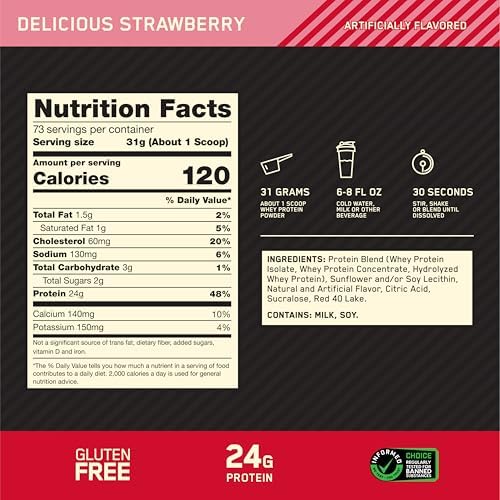 Optimum Nutrition Gold Standard 100  Whey Protein Powder  Delicious Strawberry  5 Pound  Packaging May Vary 