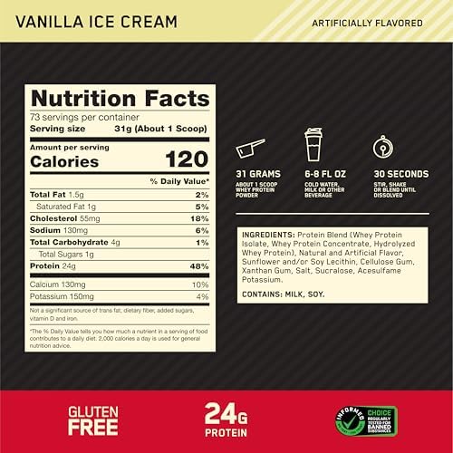 Optimum Nutrition Gold Standard 100  Whey Protein Powder  Vanilla Ice Cream  5 Pound  Packaging May Vary