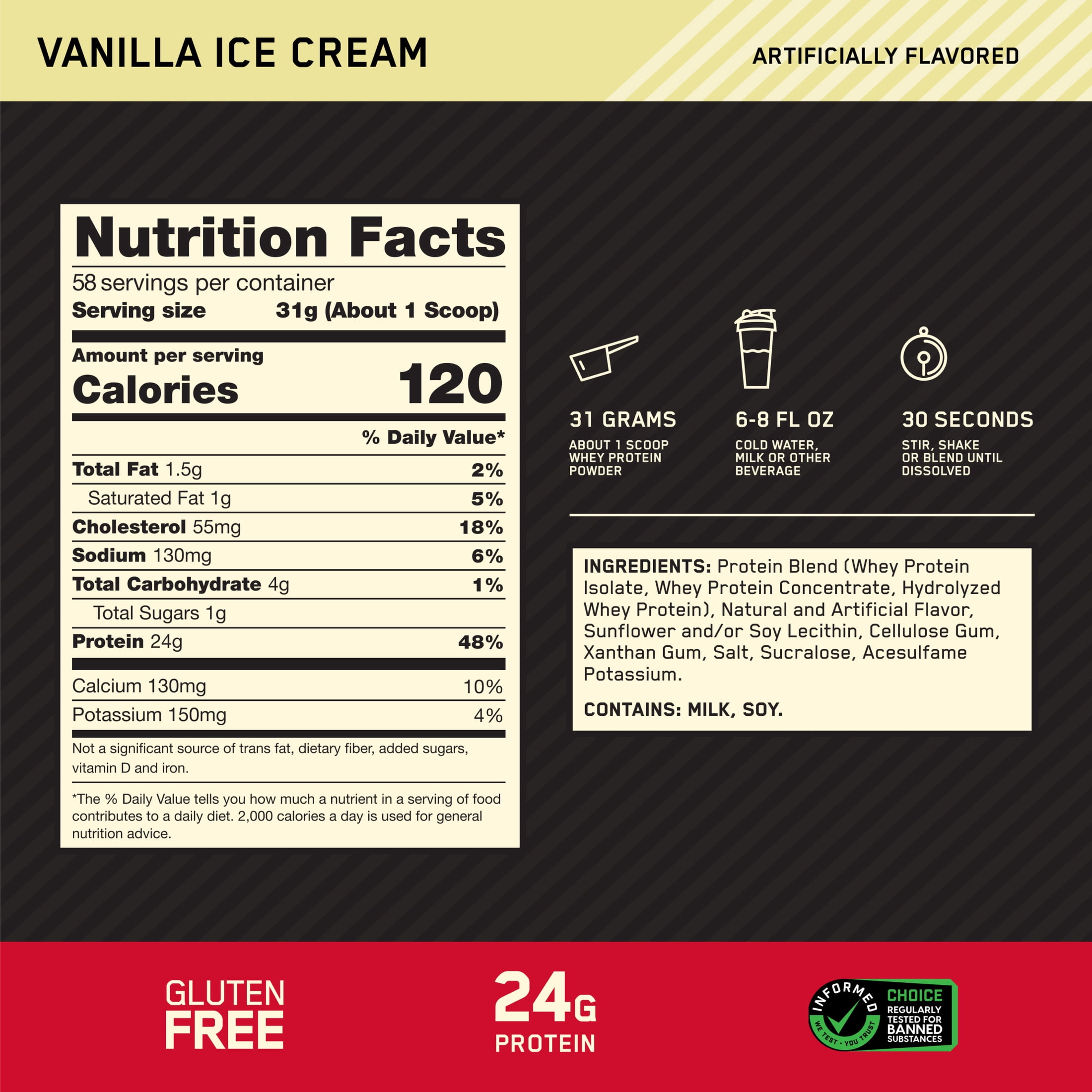 Optimum Nutrition Gold Standard 100  Whey Protein Powder  Vanilla Ice Cream  3 96 lb