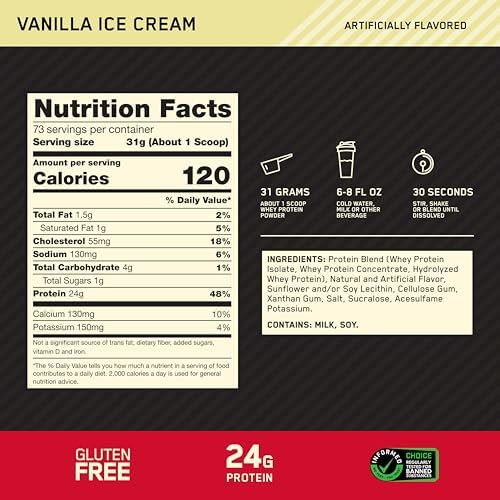 Optimum Nutrition Gold Standard 100  Whey Protein Powder  Vanilla Ice Cream  5 Pound  Packaging May Vary 