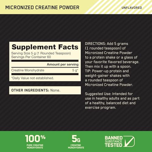 Optimum Nutrition Micronized Creatine Monohydrate Powder  Unflavored  60 Servings  300 Grams  Packaging May Vary