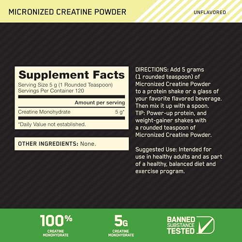 Optimum Nutrition Creatina Micronizada Monohidrato en polvo, sin sabor, amistoso con Keto, 120 porciones (el embalaje puede variar)
