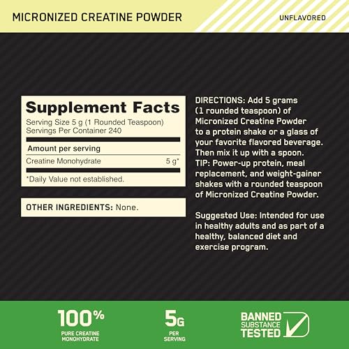 Optimum Nutrition Creatina Micronizada Monohidrato en polvo, sin sabor, amistosa con Keto, 240 porciones (el embalaje puede variar)