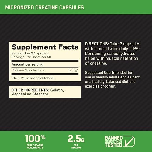 Optimum Nutrition Micronized Creatine Monohydrate Capsules  Keto Friendly  2500mg  100 Capsules