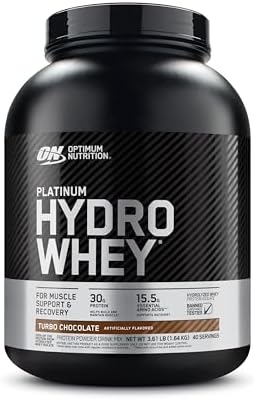 Optimum Nutrition Platinum Hydrowhey Protein Powder  100  Hydrolyzed Whey Protein Isolate Powder  Flavor  Turbo Chocolate  40 Servings  3 61 Pounds  Packaging May Vary 
