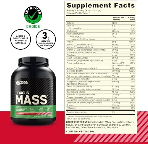 Optimum Nutrition Serious Mass  Weight Gainer Protein Powder  Mass Gainer  Vitamin C and Zinc for Immune Support  Creatine  Strawberry  6 Pound  Packaging May Vary 
