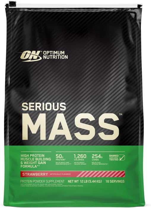 Optimum Nutrition Serious Mass  Weight Gainer Protein Powder  Mass Gainer  Vitamin C and Zinc for Immune Support  Creatine  Strawberry  12 Pound  Packaging May Vary 