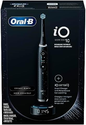 Oral B iO Series 10 Rechargeable Electric Toothbrush with Visible Pressure Sensor to Protect Gums  2 Min Timer  7 Cleaning Settings  4 Replacement Toothbrush Heads  and Charging Travel Case  Black