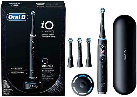 Oral B iO Series 10 Rechargeable Electric Toothbrush with Visible Pressure Sensor to Protect Gums  2 Min Timer  7 Cleaning Settings  4 Replacement Toothbrush Heads  and Charging Travel Case  Black