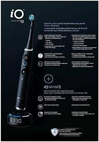 Oral B iO Series 10 Rechargeable Electric Toothbrush with Visible Pressure Sensor to Protect Gums  2 Min Timer  7 Cleaning Settings  4 Replacement Toothbrush Heads  and Charging Travel Case  Black