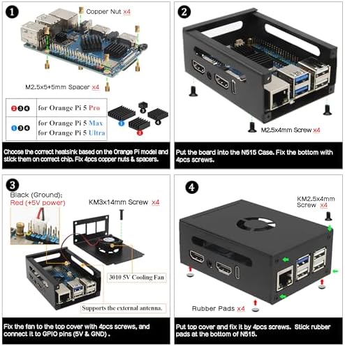 Orange Pi 5 Pro Metal Case  N515  with 5V 3010 Cooling Fan and 3Pcs Aluminum Heatsinks for Orange Pi 5 Pro/Max/Ultra
