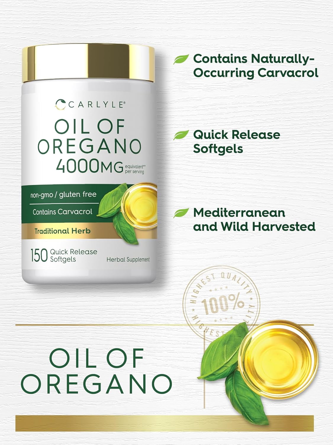 Oregano Oil Capsules   4000 mg   150 Softgels for Men and Women   by Carlyle