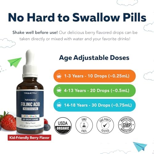 Organic FolinicActive Kids   Folinic Acid   B12  B6 & B2 Cofactors   Gentle Methylation Support for Mood  Energy & Cognition  Age Adjustable Dosing for Kids 1 18  Non GMO  Vegan  Berry Flavor  60mL 