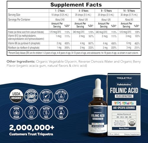 Organic FolinicActive Kids   Folinic Acid   B12  B6 & B2 Cofactors   Gentle Methylation Support for Mood  Energy & Cognition  Age Adjustable Dosing for Kids 1 18  Non GMO  Vegan  Berry Flavor  60mL 