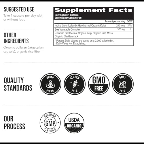 Organic Iodine Supplement from Sea Vegetable Complex  Whole Food & Raw Form   Iodine Plus Trace Mineral Complex   Contains Purest Icelandic Sea Kelp  Irish Moss & Bladderwrack  250 mcg 