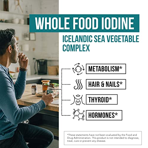Suplemento de yodo orgánico del complejo de vegetales marinos, alimentos integrales y forma cruda - Complejo mineral yodo más traza - Contiene algas marinas islandesas más puras, musgo irlandés y