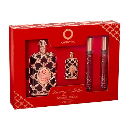 Orientica Amber Rouge 4 Pc Gift Set   Eau De Parfum   Woody  Amber  Saffron  Praline  Jasmine  Orange  Oak Moss  Seaweed   Arabic Perfume for Men & Women   2 7oz  7 5ml & 2 X 10ml spray