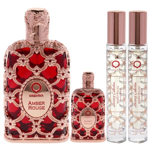 Orientica Amber Rouge 4 Pc Gift Set   Eau De Parfum   Woody  Amber  Saffron  Praline  Jasmine  Orange  Oak Moss  Seaweed   Arabic Perfume for Men & Women   2 7oz  7 5ml & 2 X 10ml spray