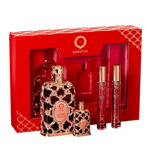 Orientica Amber Rouge 4 Pc Gift Set   Eau De Parfum   Woody  Amber  Saffron  Praline  Jasmine  Orange  Oak Moss  Seaweed   Arabic Perfume for Men & Women   2 7oz  7 5ml & 2 X 10ml spray