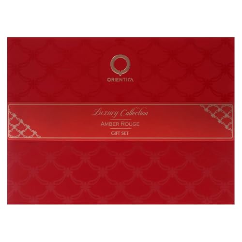 Orientica Amber Rouge 4 Pc Gift Set   Eau De Parfum   Woody  Amber  Saffron  Praline  Jasmine  Orange  Oak Moss  Seaweed   Arabic Perfume for Men & Women   2 7oz  7 5ml & 2 X 10ml spray