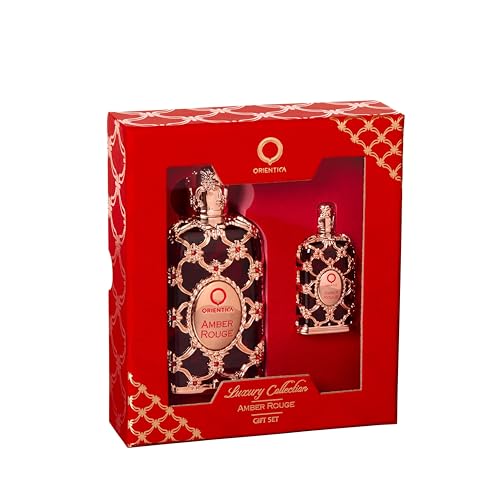 Orientica Amber Rouge 2 Pc Gift Set Eau De Parfum   Woody  Amber  Saffron  Praline  Jasmine  Orange  Oak Moss  Seaweed   Arabic Perfume for Men & Women   30ml / 1 0 oz   7 5ml Spray