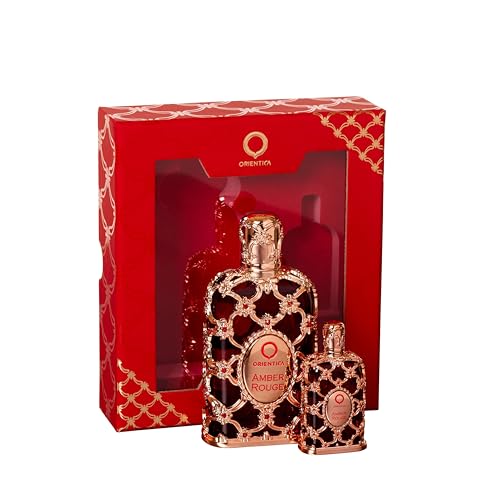 Orientica Amber Rouge 2 Pc Gift Set Eau De Parfum   Woody  Amber  Saffron  Praline  Jasmine  Orange  Oak Moss  Seaweed   Arabic Perfume for Men & Women   30ml / 1 0 oz   7 5ml Spray