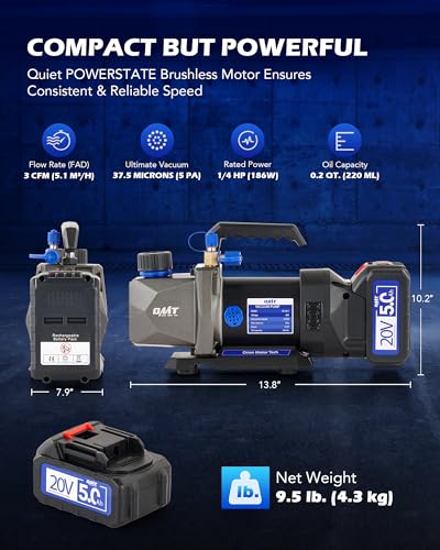 Orion Motor Tech Cordless Lithium Ion HVAC Vacuum Pump 3 cfm Vacuum Pump Battery Powered Auto AC Vacuum Pump for R134a R410a R1234yf Systems 1/4hp Single Stage Vacuum Pump Automotive