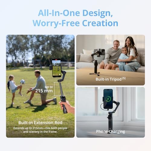 Osmo Mobile 8 Gimbal Stabilizer for Phone  Native Tracking with Audio & Lighting  360  Pan Rotation  Built in Extension Rod & Tripod  10h Battery  Extension Rod  Robust 3 Axis Stabilization