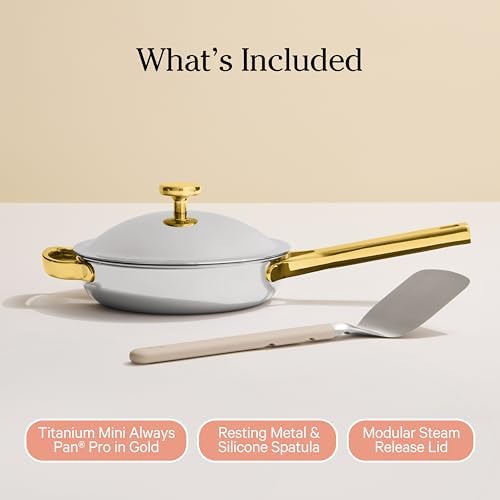 Our Place Titanium Mini Always Pan Pro   8 5   1 48 Qt  No Coating Nonstick Skillet   Tri Ply Titanium & Stainless Steel   Safe for Oven  Induction & Cooktops up to 750 F   Includes Spatula   Gold